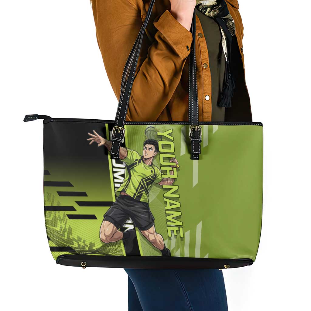 Personalized Gyomei Himejima Demon Slayer Badminton Leather Tote Bag with Racket Action Pose and Green Black Graphic Design - The Mazicc