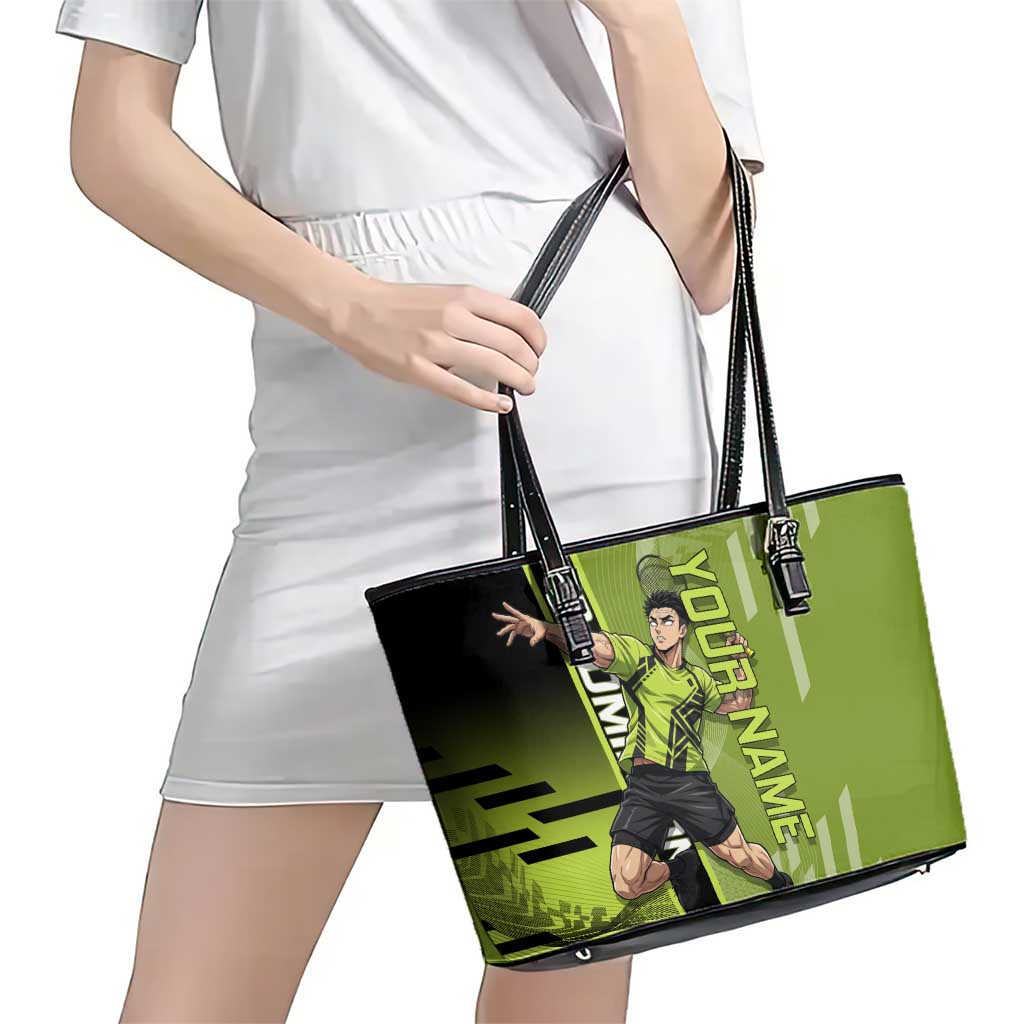 Personalized Gyomei Himejima Demon Slayer Badminton Leather Tote Bag with Racket Action Pose and Green Black Graphic Design - The Mazicc