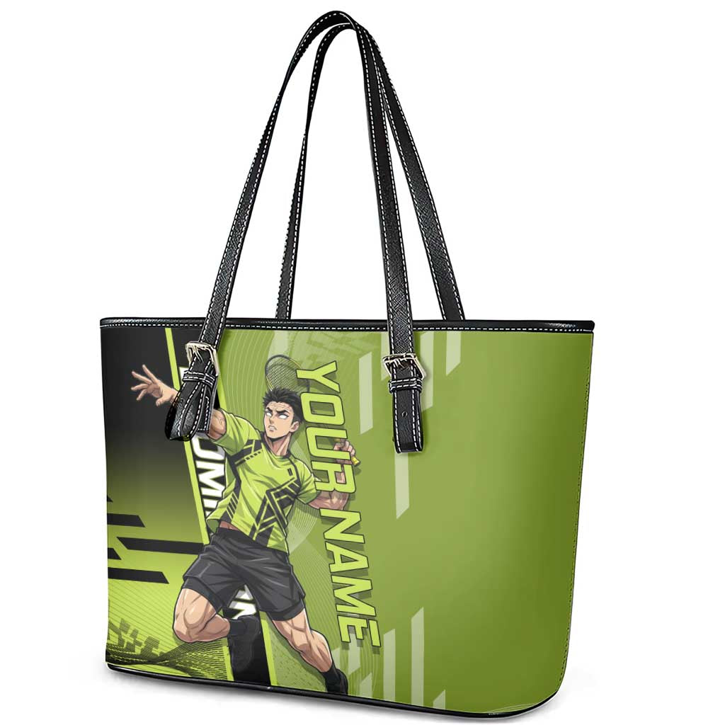 Personalized Gyomei Himejima Demon Slayer Badminton Leather Tote Bag with Racket Action Pose and Green Black Graphic Design - The Mazicc
