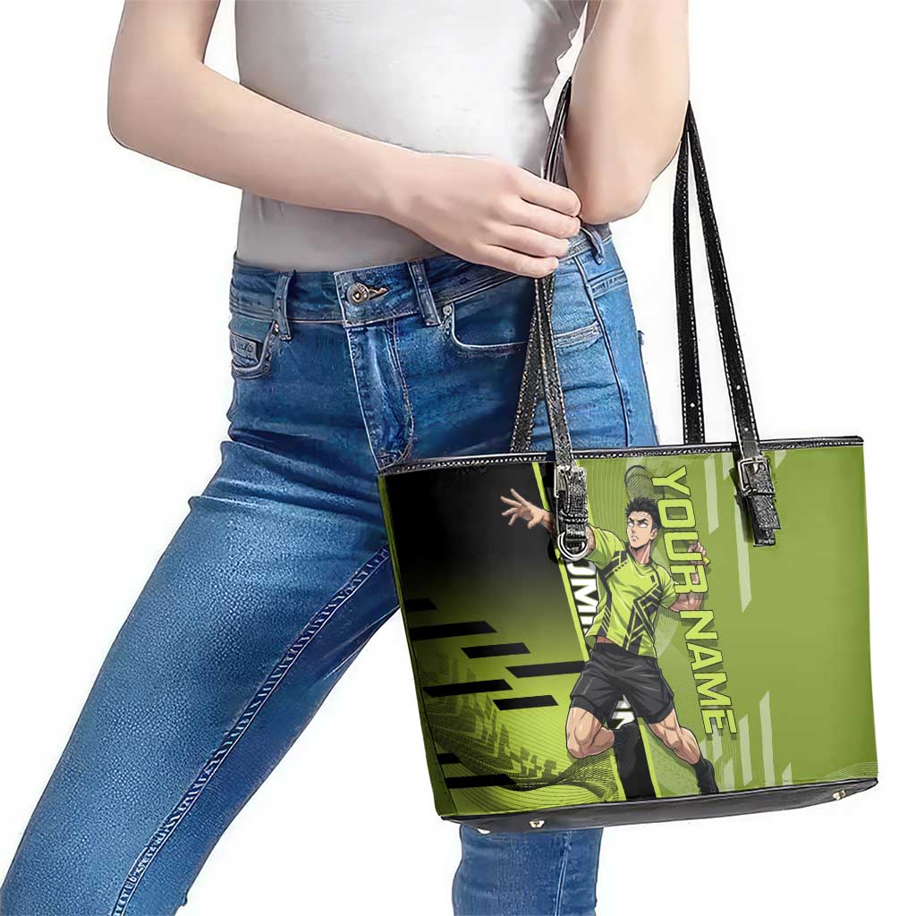 Personalized Gyomei Himejima Demon Slayer Badminton Leather Tote Bag with Racket Action Pose and Green Black Graphic Design - The Mazicc