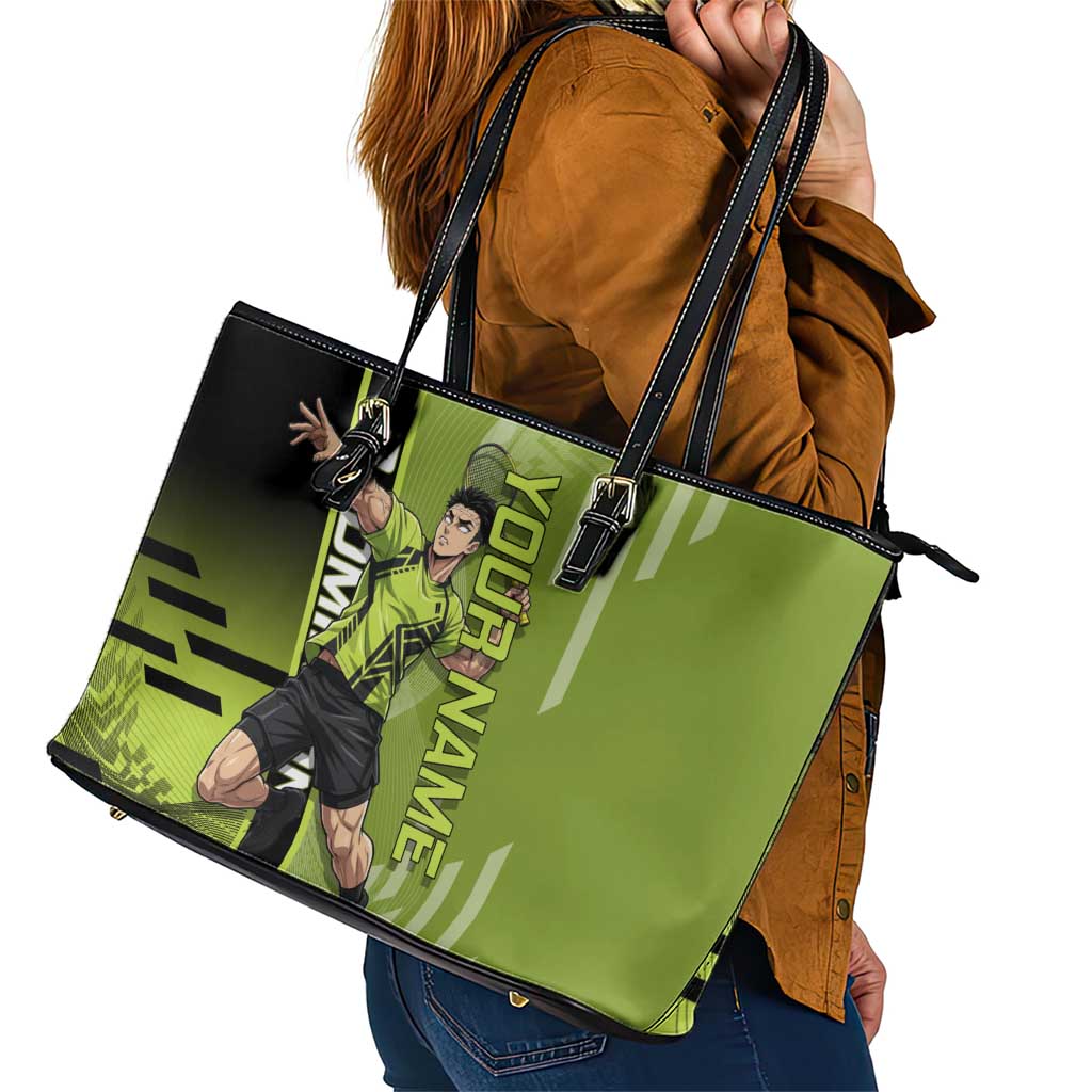 Personalized Gyomei Himejima Demon Slayer Badminton Leather Tote Bag with Racket Action Pose and Green Black Graphic Design - The Mazicc