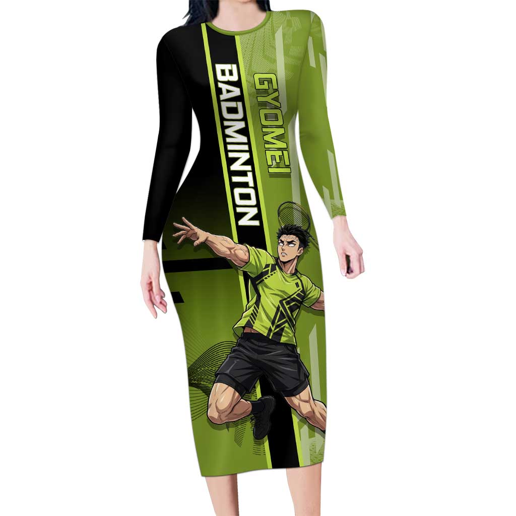 Personalized Gyomei Himejima Demon Slayer Badminton Long Sleeve Bodycon Dress with Racket Action Pose and Green Black Graphic Design - The Mazicc
