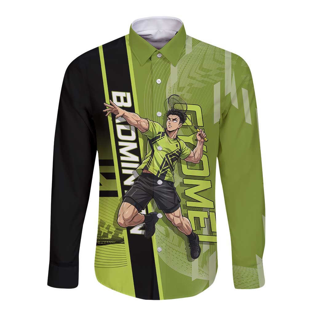 Personalized Gyomei Himejima Demon Slayer Badminton Long Sleeve Button Shirt with Racket Action Pose and Green Black Graphic Design - The Mazicc