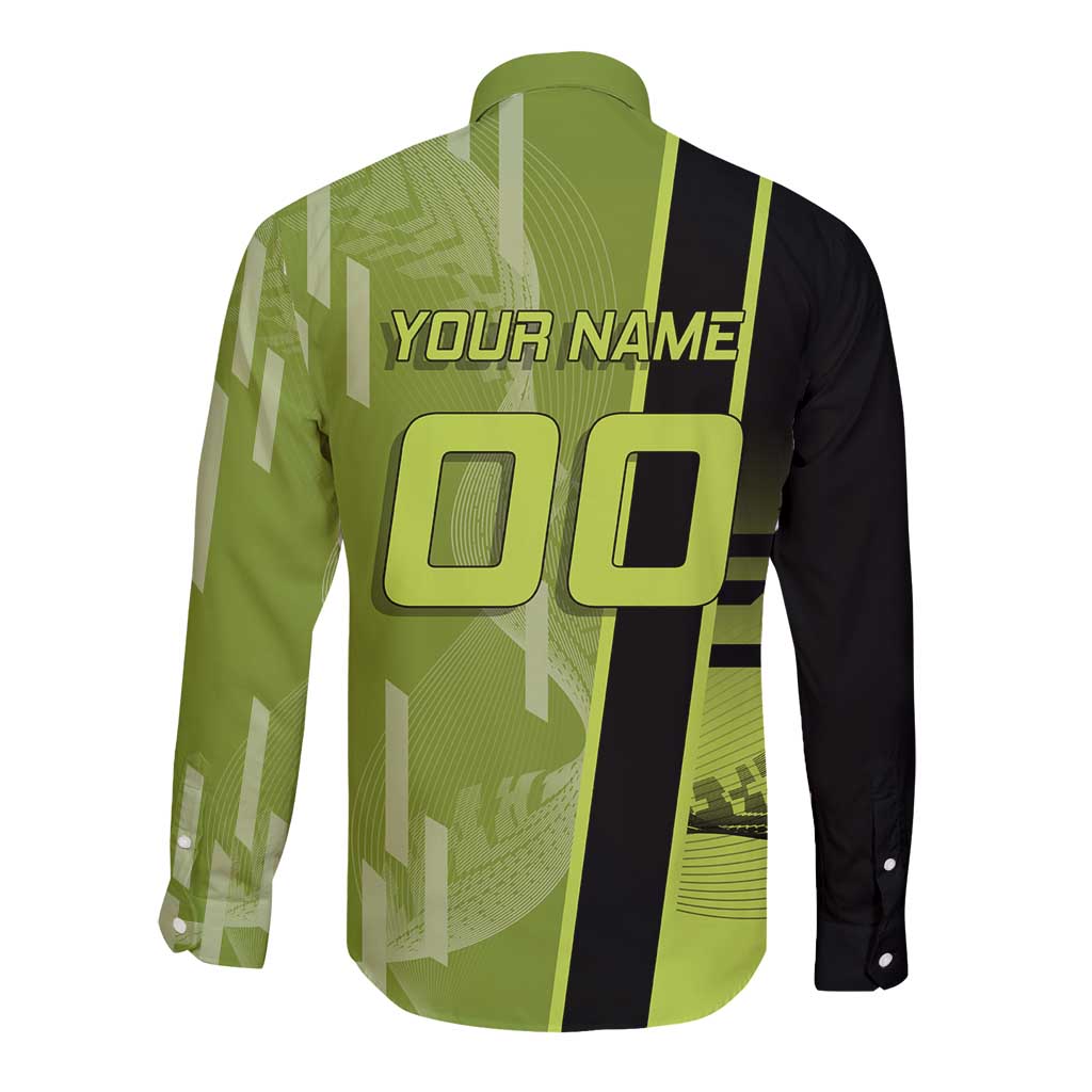 Personalized Gyomei Himejima Demon Slayer Badminton Long Sleeve Button Shirt with Racket Action Pose and Green Black Graphic Design - The Mazicc