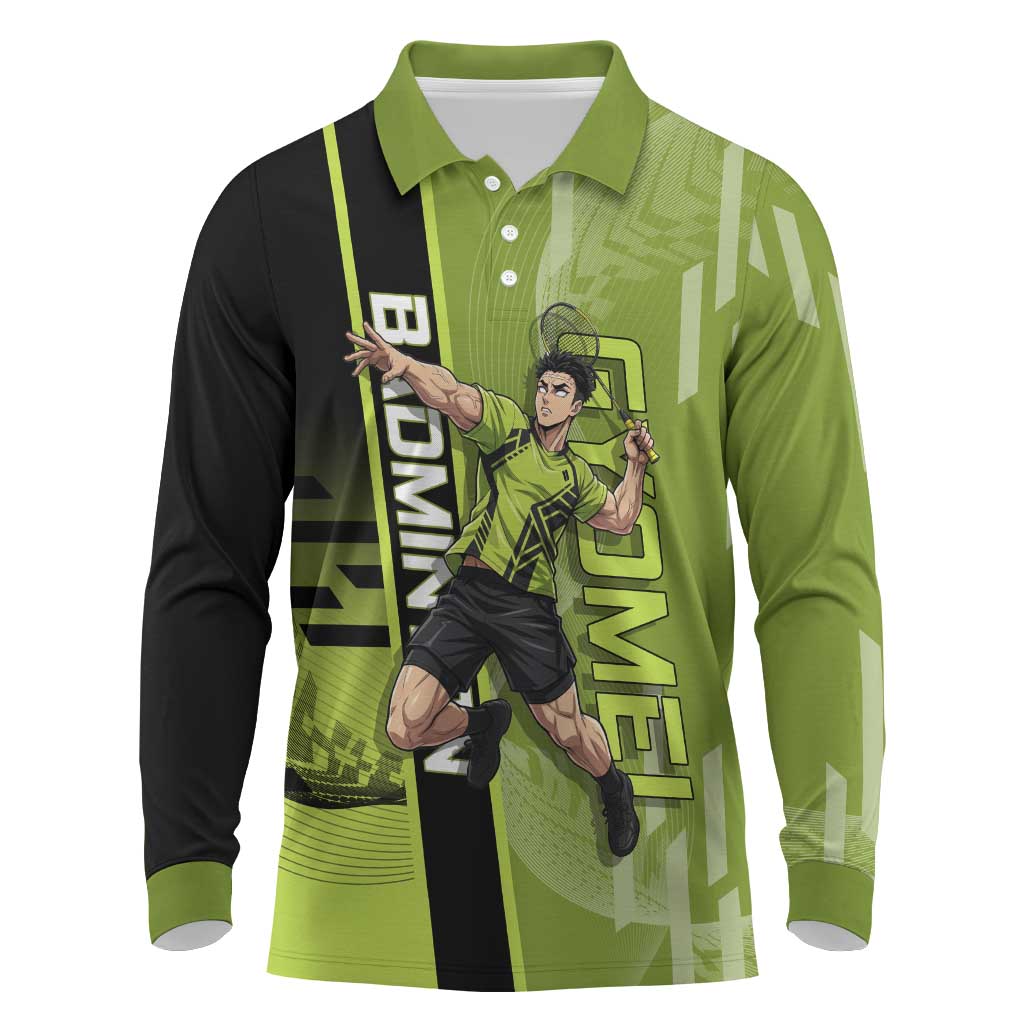 Personalized Gyomei Himejima Demon Slayer Badminton Long Sleeve Polo Shirt with Racket Action Pose and Green Black Graphic Design - The Mazicc