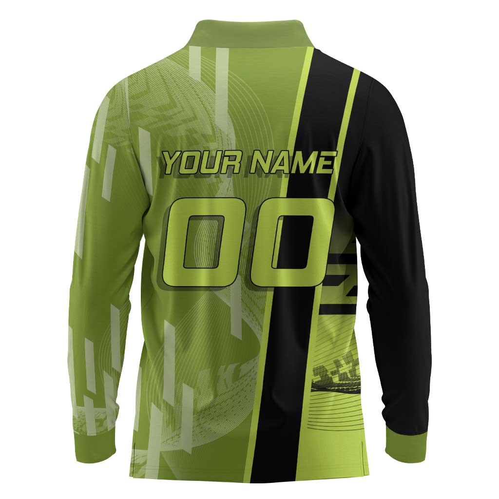 Personalized Gyomei Himejima Demon Slayer Badminton Long Sleeve Polo Shirt with Racket Action Pose and Green Black Graphic Design - The Mazicc