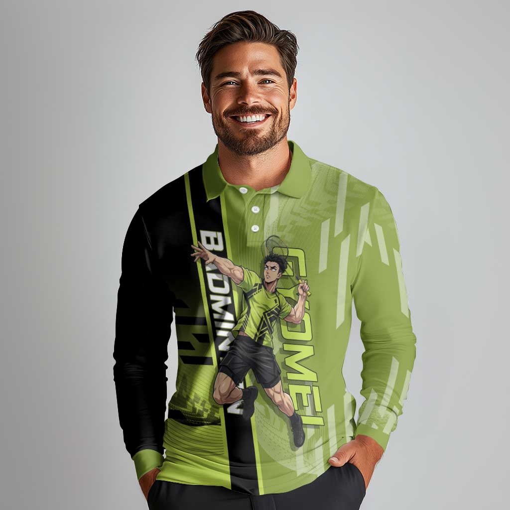 Personalized Gyomei Himejima Demon Slayer Badminton Long Sleeve Polo Shirt with Racket Action Pose and Green Black Graphic Design - The Mazicc