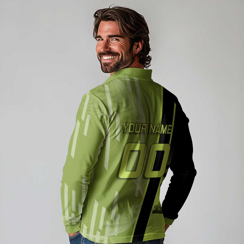 Personalized Gyomei Himejima Demon Slayer Badminton Long Sleeve Polo Shirt with Racket Action Pose and Green Black Graphic Design - The Mazicc