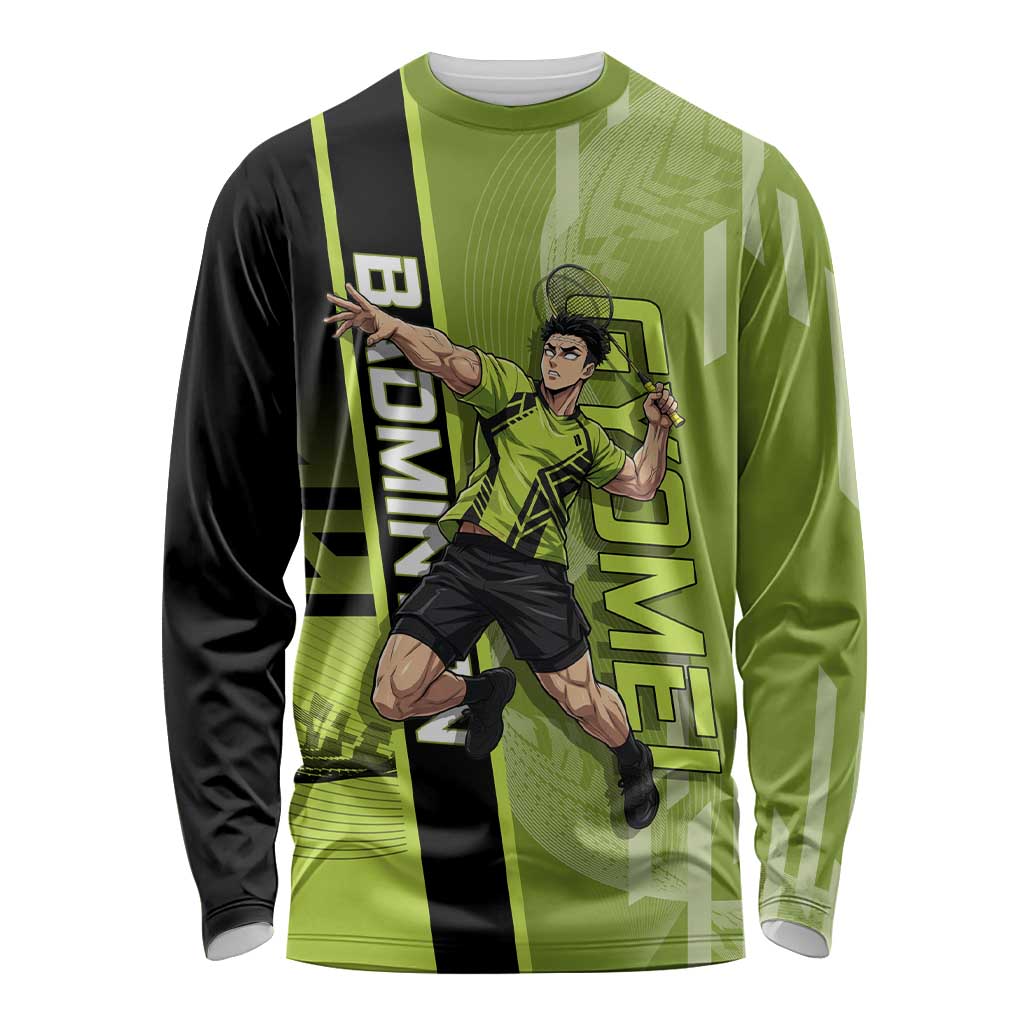 Personalized Gyomei Himejima Demon Slayer Badminton Long Sleeve Shirt with Racket Action Pose and Green Black Graphic Design - The Mazicc