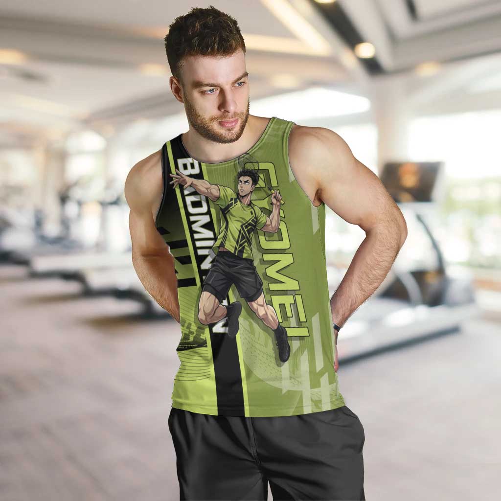 Personalized Gyomei Himejima Demon Slayer Badminton Men Tank Top with Racket Action Pose and Green Black Graphic Design - The Mazicc