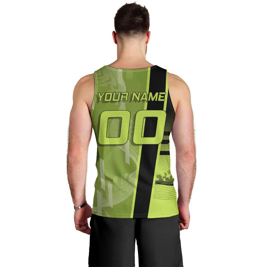 Personalized Gyomei Himejima Demon Slayer Badminton Men Tank Top with Racket Action Pose and Green Black Graphic Design - The Mazicc