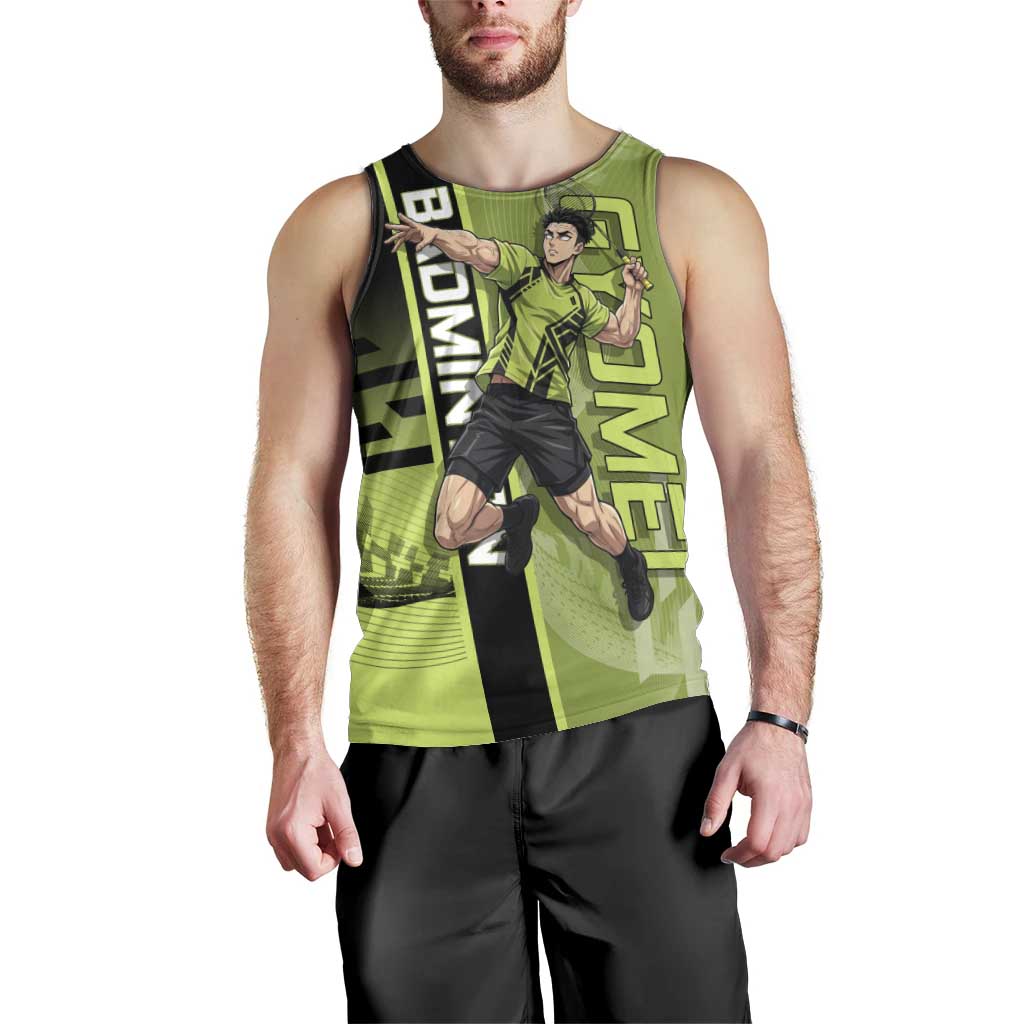 Personalized Gyomei Himejima Demon Slayer Badminton Men Tank Top with Racket Action Pose and Green Black Graphic Design - The Mazicc
