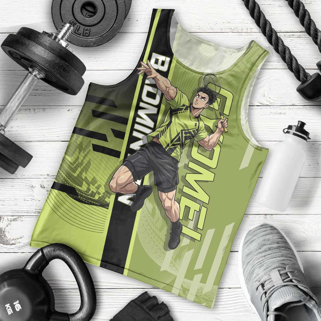 Personalized Gyomei Himejima Demon Slayer Badminton Men Tank Top with Racket Action Pose and Green Black Graphic Design - The Mazicc