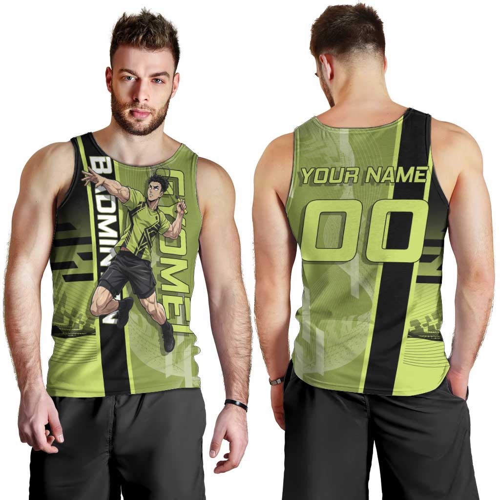 Personalized Gyomei Himejima Demon Slayer Badminton Men Tank Top with Racket Action Pose and Green Black Graphic Design - The Mazicc