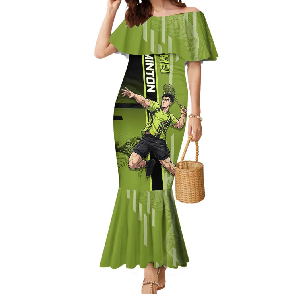 Personalized Gyomei Himejima Demon Slayer Badminton Mermaid Dress with Racket Action Pose and Green Black Graphic Design - The Mazicc