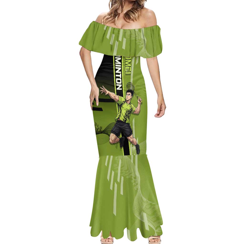 Personalized Gyomei Himejima Demon Slayer Badminton Mermaid Dress with Racket Action Pose and Green Black Graphic Design - The Mazicc