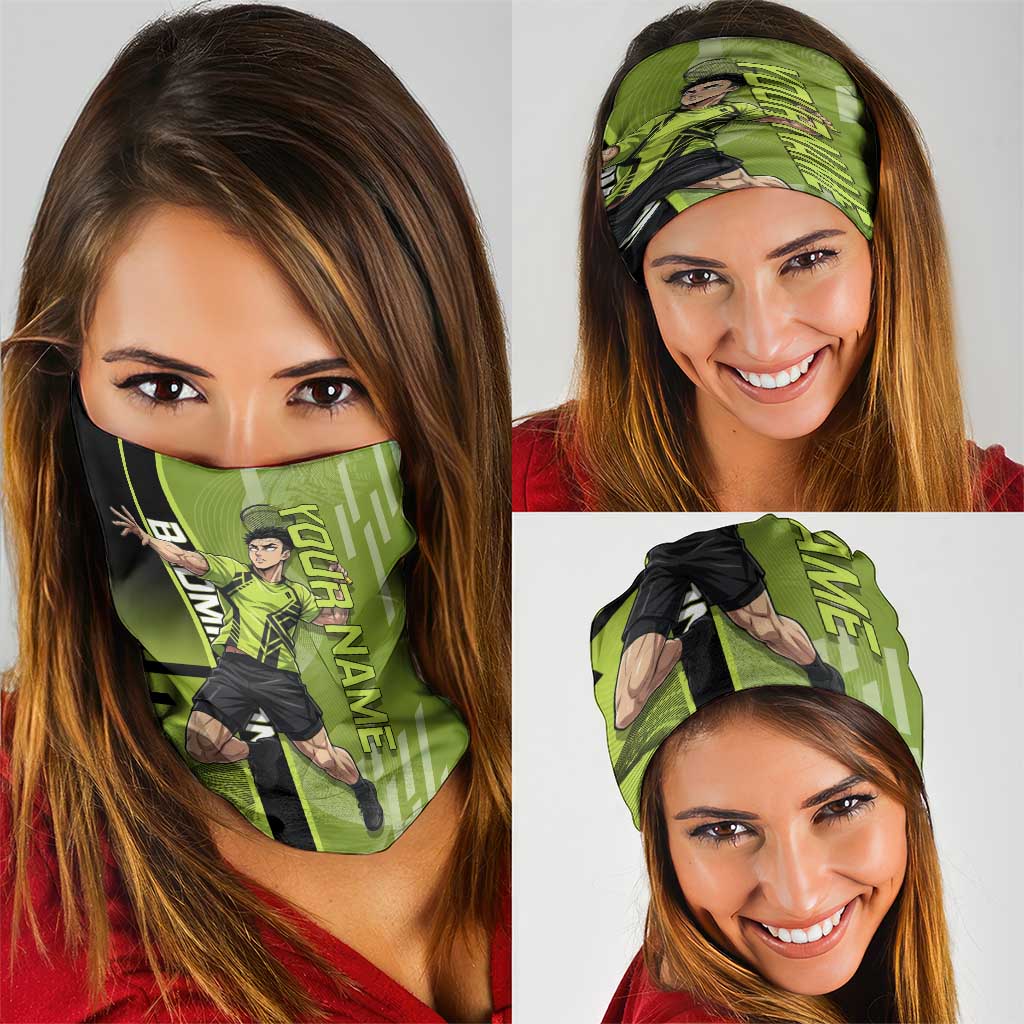 Personalized Gyomei Himejima Demon Slayer Badminton Neck Gaiter with Racket Action Pose and Green Black Graphic Design - The Mazicc