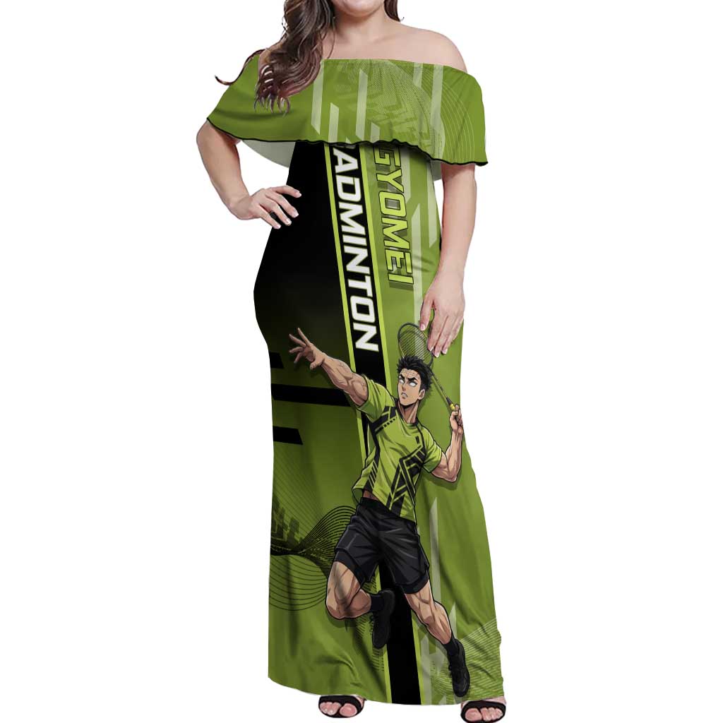 Personalized Gyomei Himejima Demon Slayer Badminton Off Shoulder Maxi Dress with Racket Action Pose and Green Black Graphic Design - The Mazicc