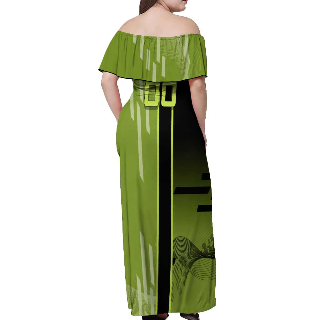 Personalized Gyomei Himejima Demon Slayer Badminton Off Shoulder Maxi Dress with Racket Action Pose and Green Black Graphic Design - The Mazicc