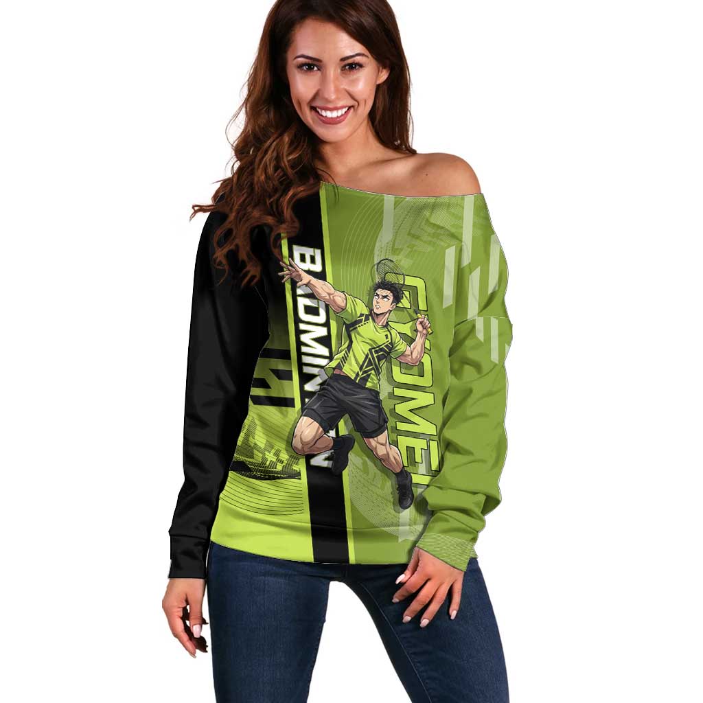 Personalized Gyomei Himejima Demon Slayer Badminton Off Shoulder Sweater with Racket Action Pose and Green Black Graphic Design - The Mazicc