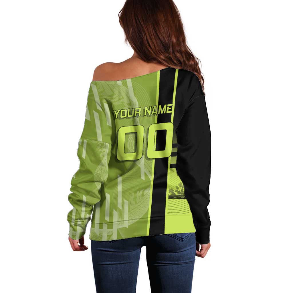 Personalized Gyomei Himejima Demon Slayer Badminton Off Shoulder Sweater with Racket Action Pose and Green Black Graphic Design - The Mazicc