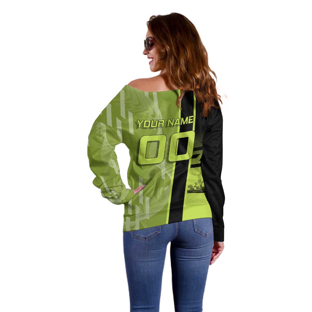 Personalized Gyomei Himejima Demon Slayer Badminton Off Shoulder Sweater with Racket Action Pose and Green Black Graphic Design - The Mazicc