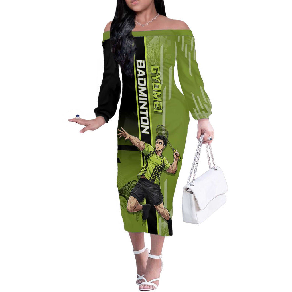 Personalized Gyomei Himejima Demon Slayer Badminton Off The Shoulder Long Sleeve Dress with Racket Action Pose and Green Black Graphic Design - The Mazicc