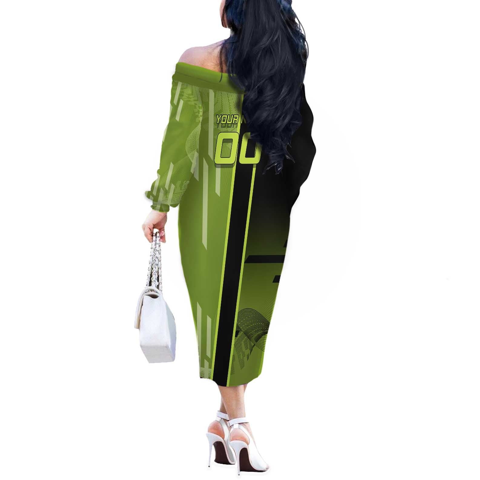 Personalized Gyomei Himejima Demon Slayer Badminton Off The Shoulder Long Sleeve Dress with Racket Action Pose and Green Black Graphic Design - The Mazicc