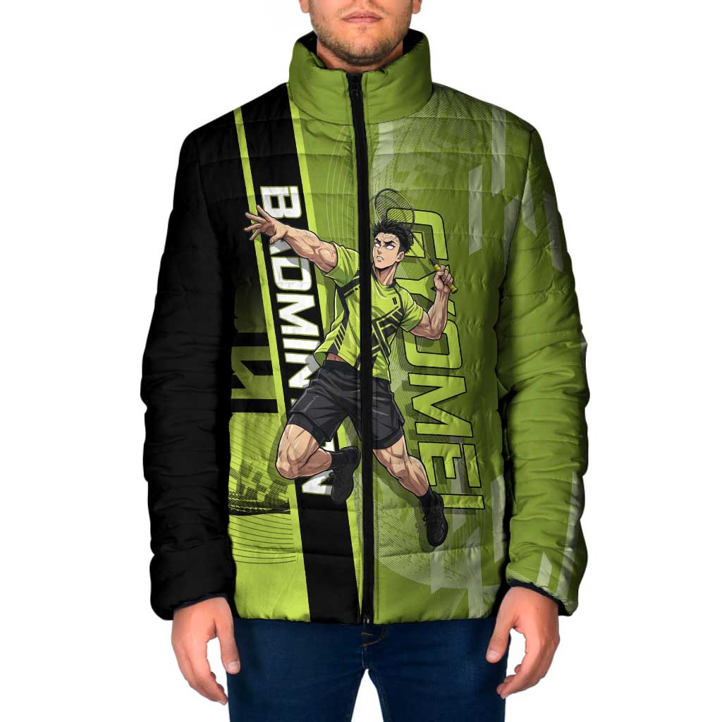 Personalized Gyomei Himejima Demon Slayer Badminton Padded Jacket with Racket Action Pose and Green Black Graphic Design - The Mazicc