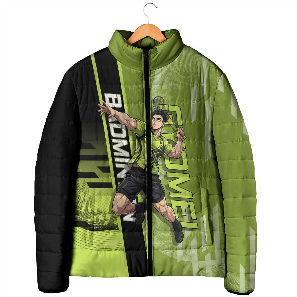 Personalized Gyomei Himejima Demon Slayer Badminton Padded Jacket with Racket Action Pose and Green Black Graphic Design - The Mazicc