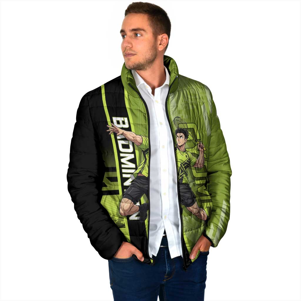 Personalized Gyomei Himejima Demon Slayer Badminton Padded Jacket with Racket Action Pose and Green Black Graphic Design - The Mazicc