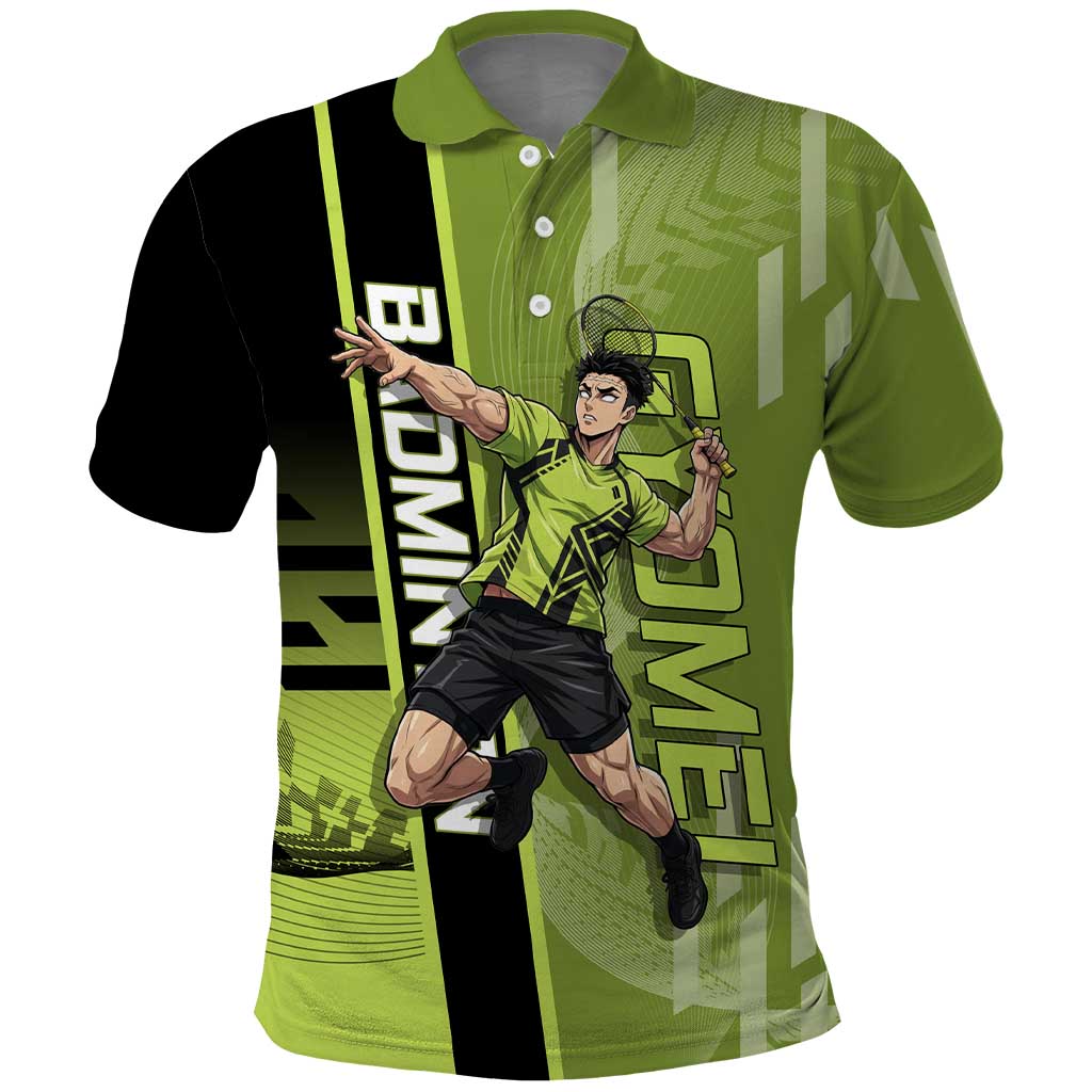 Personalized Gyomei Himejima Demon Slayer Badminton Polo Shirt with Racket Action Pose and Green Black Graphic Design - The Mazicc