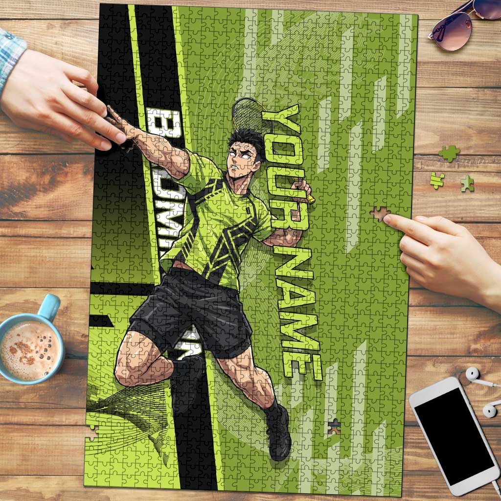 Personalized Gyomei Himejima Demon Slayer Badminton Puzzle with Racket Action Pose and Green Black Graphic Design - The Mazicc