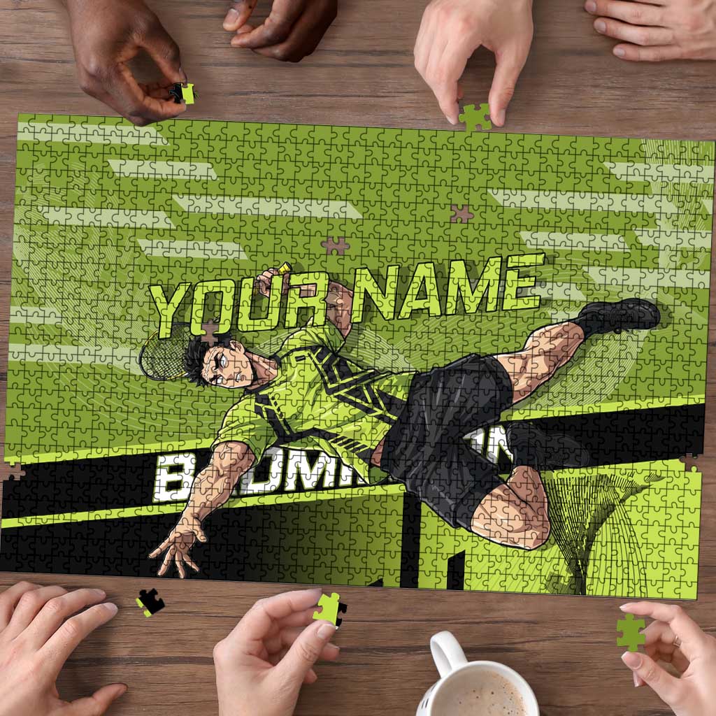 Personalized Gyomei Himejima Demon Slayer Badminton Puzzle with Racket Action Pose and Green Black Graphic Design - The Mazicc