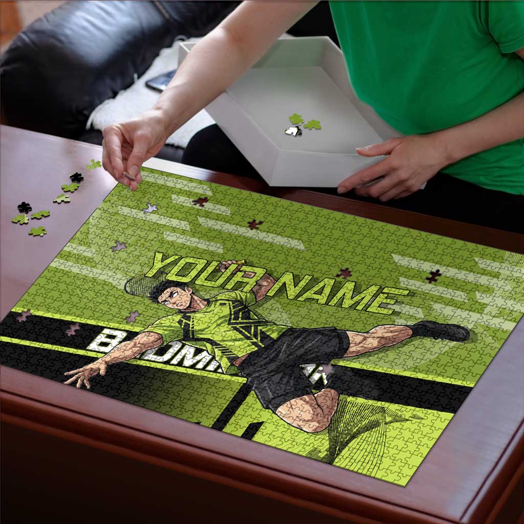 Personalized Gyomei Himejima Demon Slayer Badminton Puzzle with Racket Action Pose and Green Black Graphic Design - The Mazicc