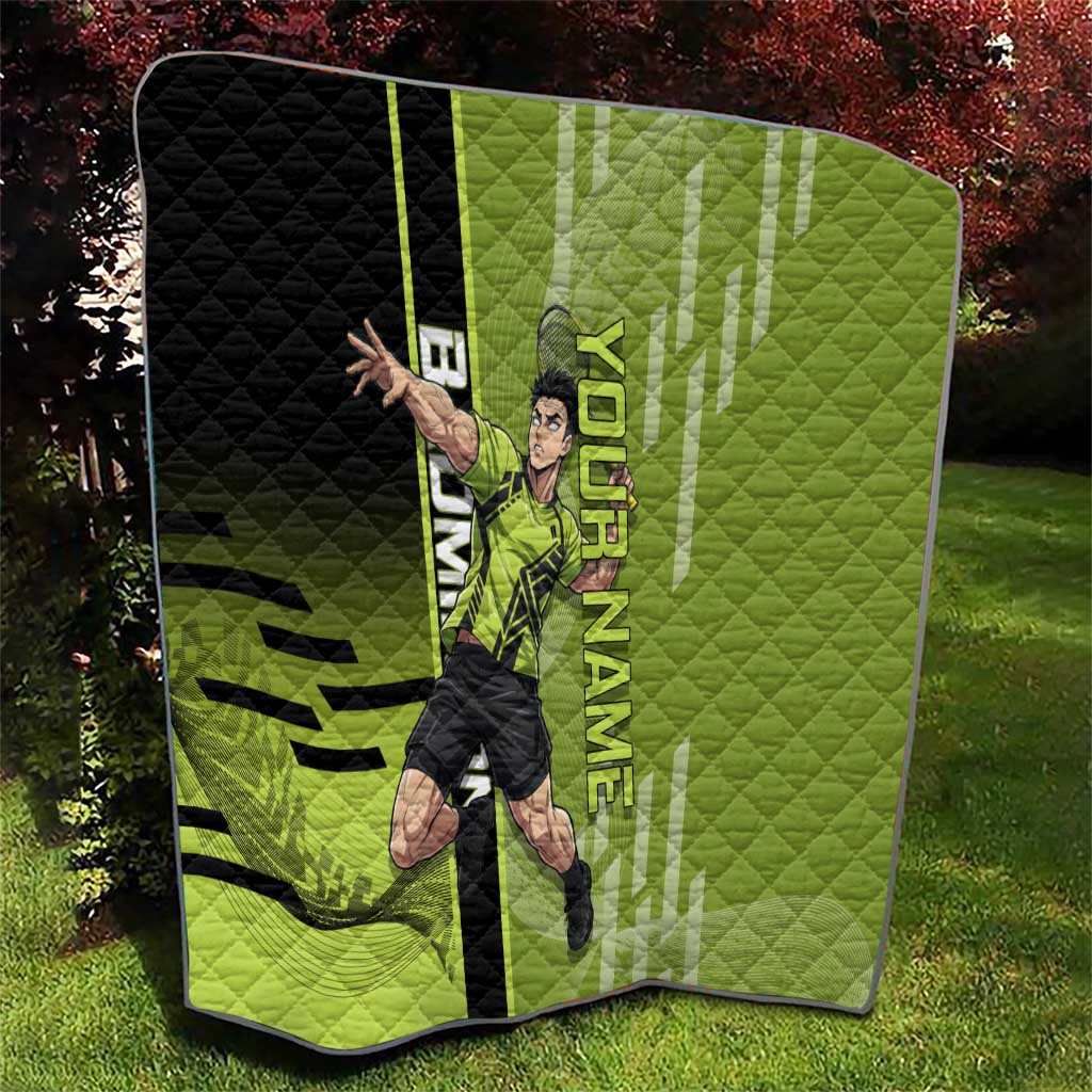 Personalized Gyomei Himejima Demon Slayer Badminton Quilt with Racket Action Pose and Green Black Graphic Design - The Mazicc