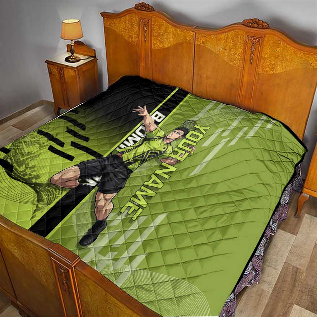 Personalized Gyomei Himejima Demon Slayer Badminton Quilt with Racket Action Pose and Green Black Graphic Design - The Mazicc