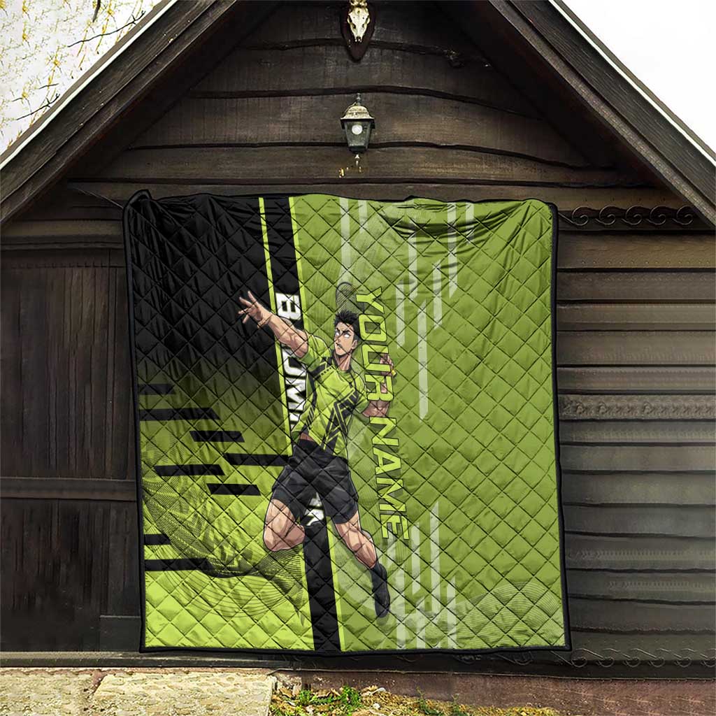 Personalized Gyomei Himejima Demon Slayer Badminton Quilt with Racket Action Pose and Green Black Graphic Design - The Mazicc