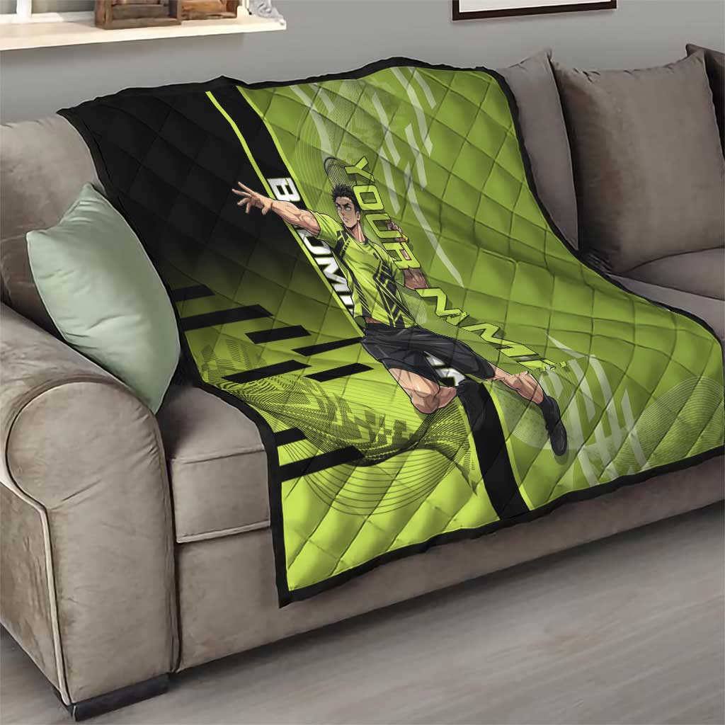 Personalized Gyomei Himejima Demon Slayer Badminton Quilt with Racket Action Pose and Green Black Graphic Design - The Mazicc