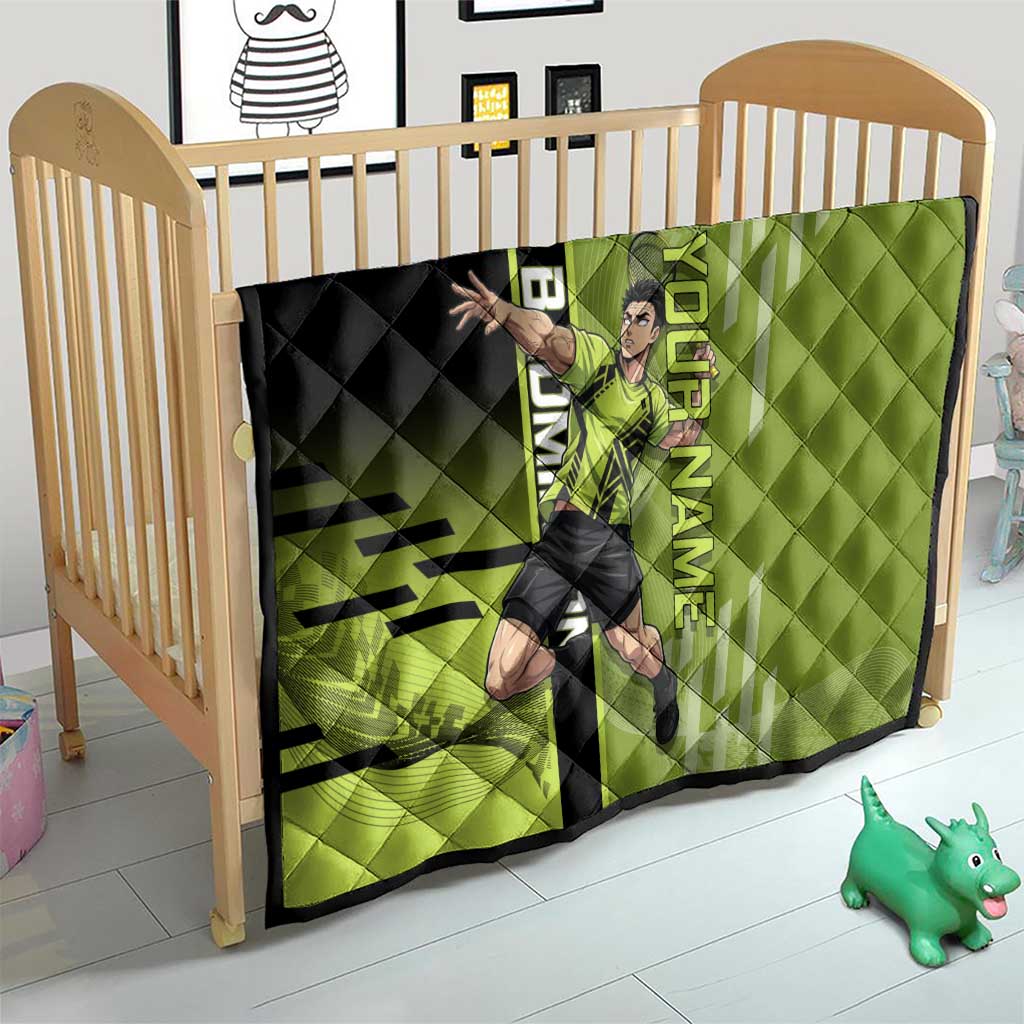 Personalized Gyomei Himejima Demon Slayer Badminton Quilt with Racket Action Pose and Green Black Graphic Design - The Mazicc