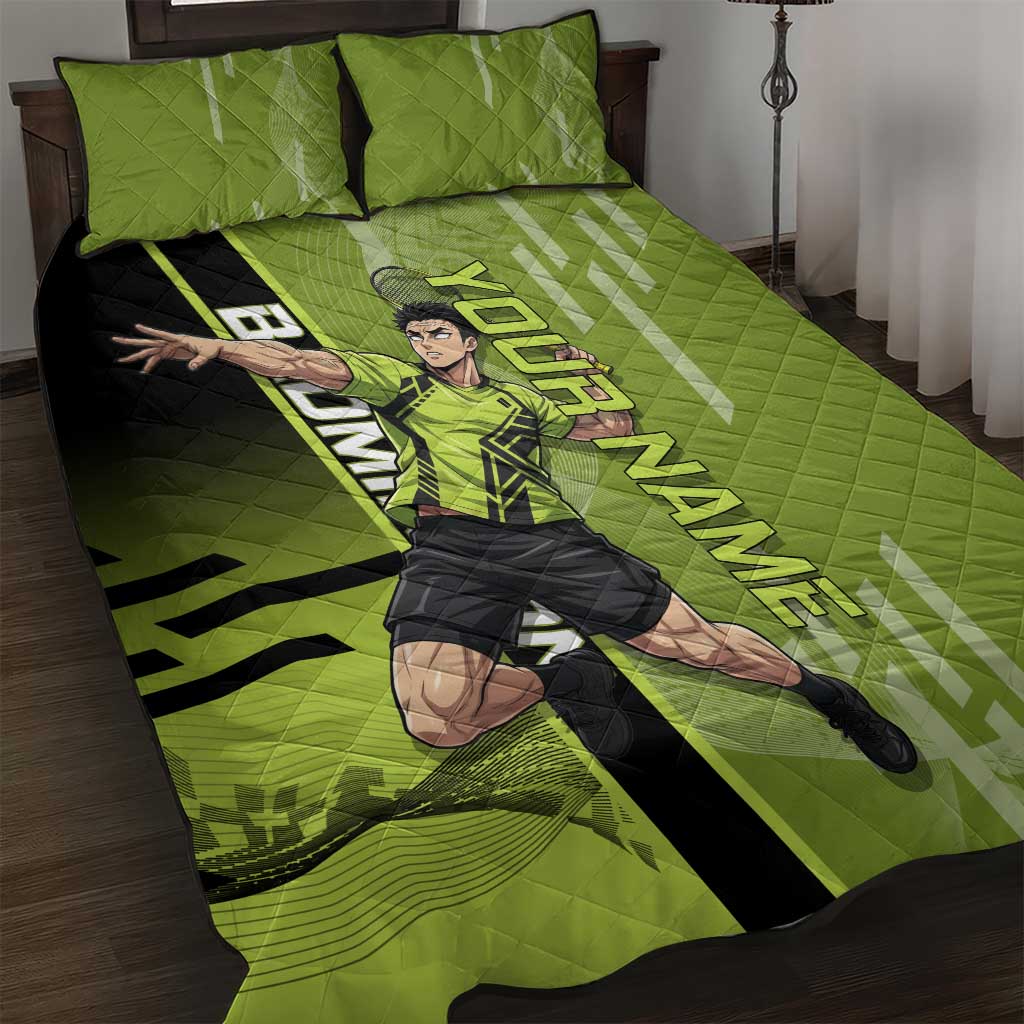 Personalized Gyomei Himejima Demon Slayer Badminton Quilt Bed Set with Racket Action Pose and Green Black Graphic Design - The Mazicc