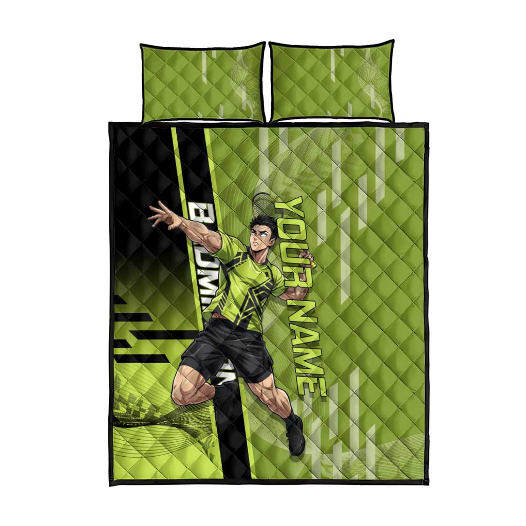 Personalized Gyomei Himejima Demon Slayer Badminton Quilt Bed Set with Racket Action Pose and Green Black Graphic Design - The Mazicc