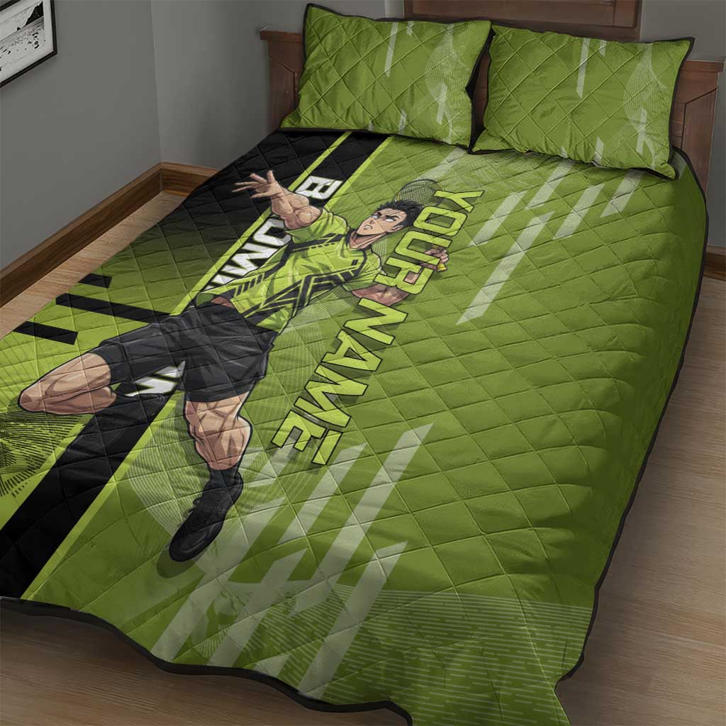 Personalized Gyomei Himejima Demon Slayer Badminton Quilt Bed Set with Racket Action Pose and Green Black Graphic Design - The Mazicc
