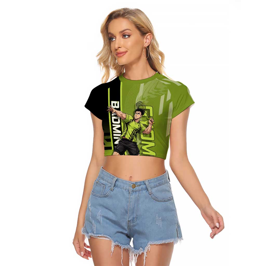 Personalized Gyomei Himejima Demon Slayer Badminton Raglan Cropped T Shirt with Racket Action Pose and Green Black Graphic Design - The Mazicc