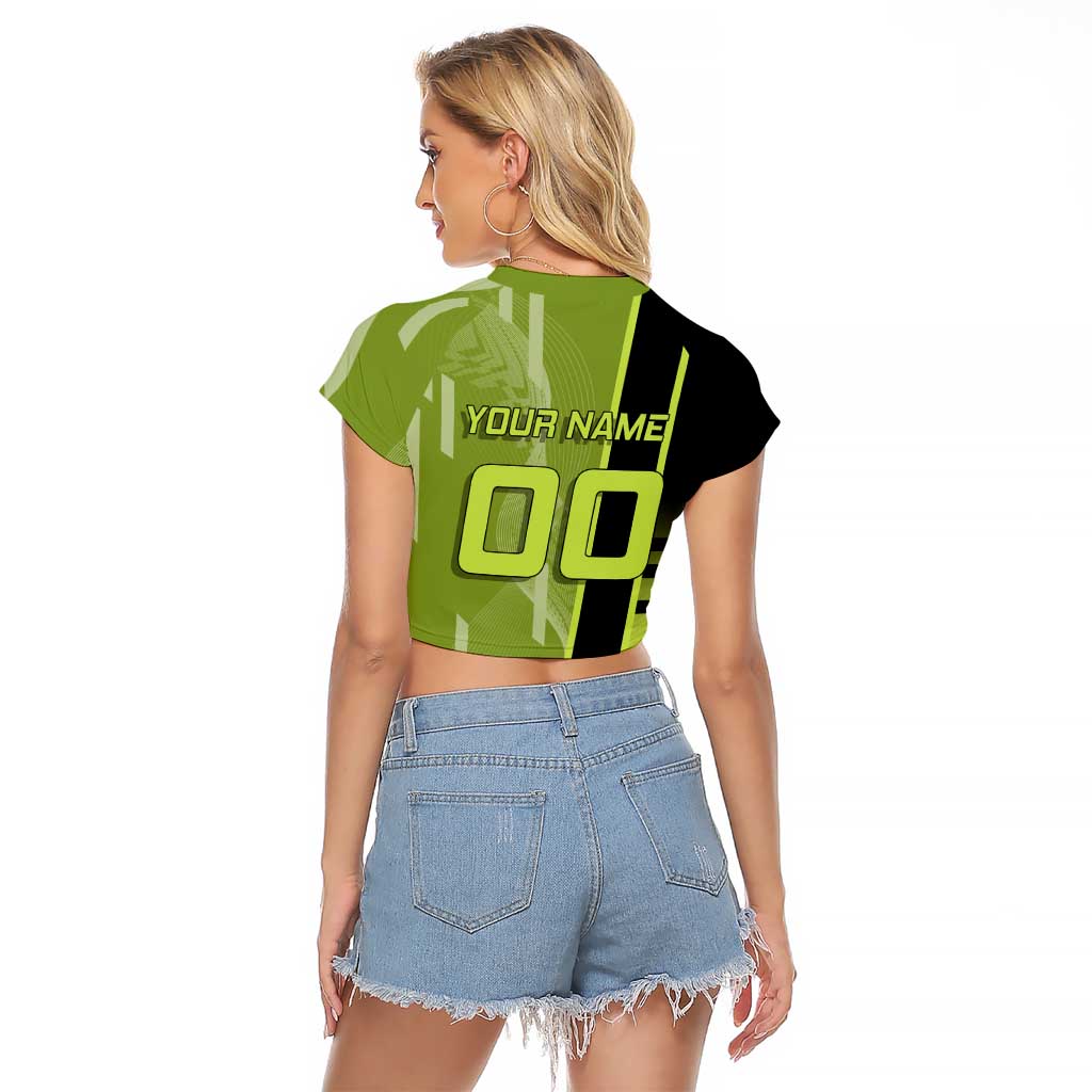 Personalized Gyomei Himejima Demon Slayer Badminton Raglan Cropped T Shirt with Racket Action Pose and Green Black Graphic Design - The Mazicc