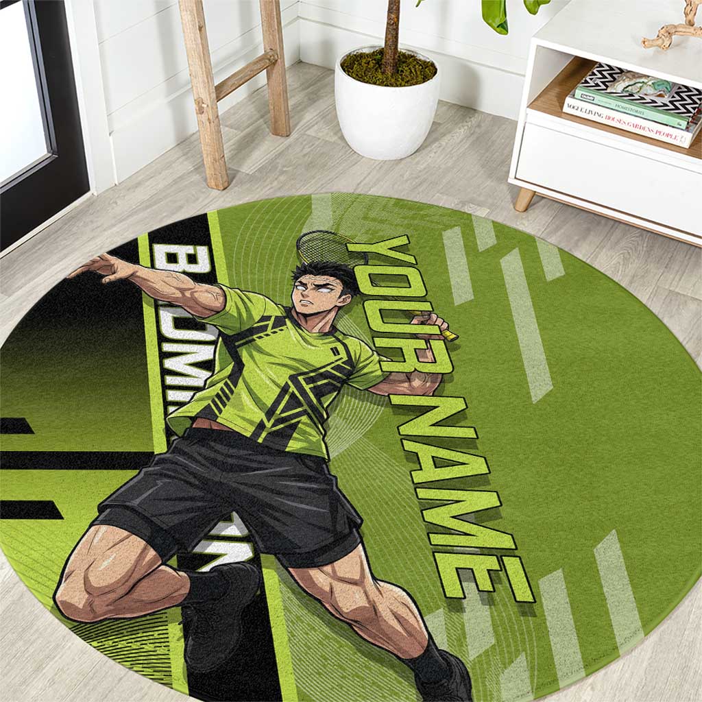 Personalized Gyomei Himejima Demon Slayer Badminton Round Carpet with Racket Action Pose and Green Black Graphic Design - The Mazicc