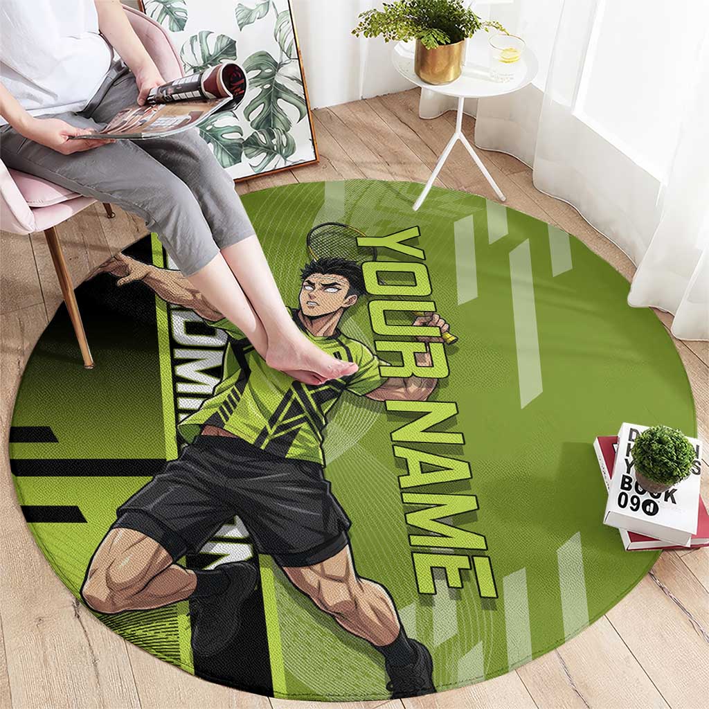Personalized Gyomei Himejima Demon Slayer Badminton Round Carpet with Racket Action Pose and Green Black Graphic Design - The Mazicc