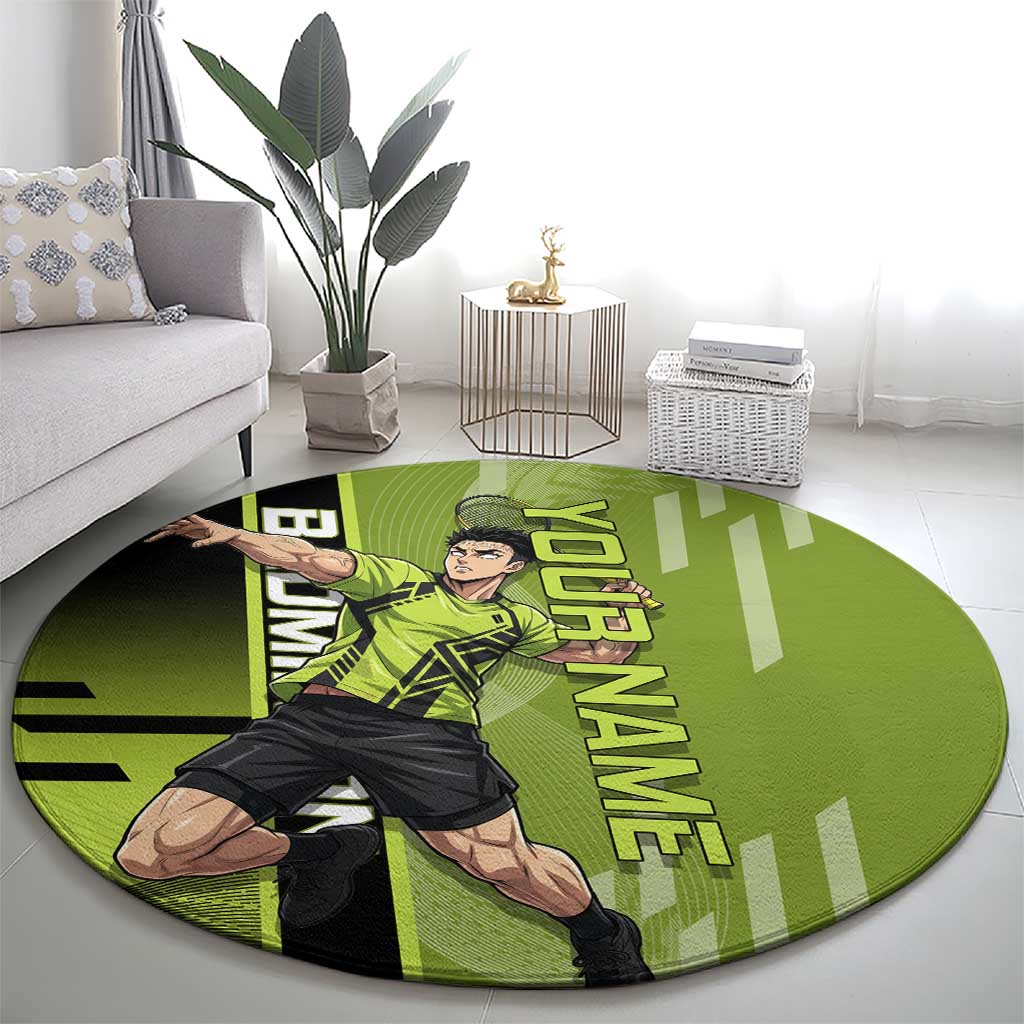 Personalized Gyomei Himejima Demon Slayer Badminton Round Carpet with Racket Action Pose and Green Black Graphic Design - The Mazicc