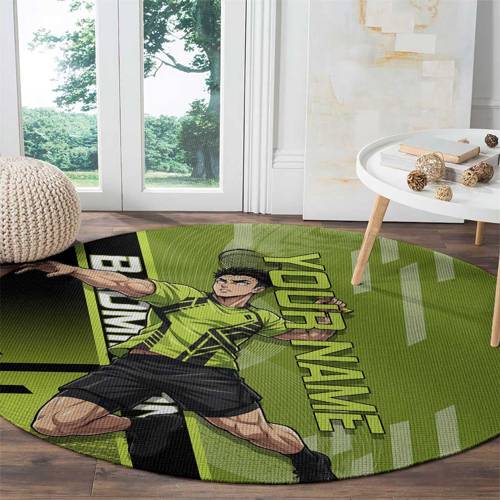 Personalized Gyomei Himejima Demon Slayer Badminton Round Carpet with Racket Action Pose and Green Black Graphic Design - The Mazicc