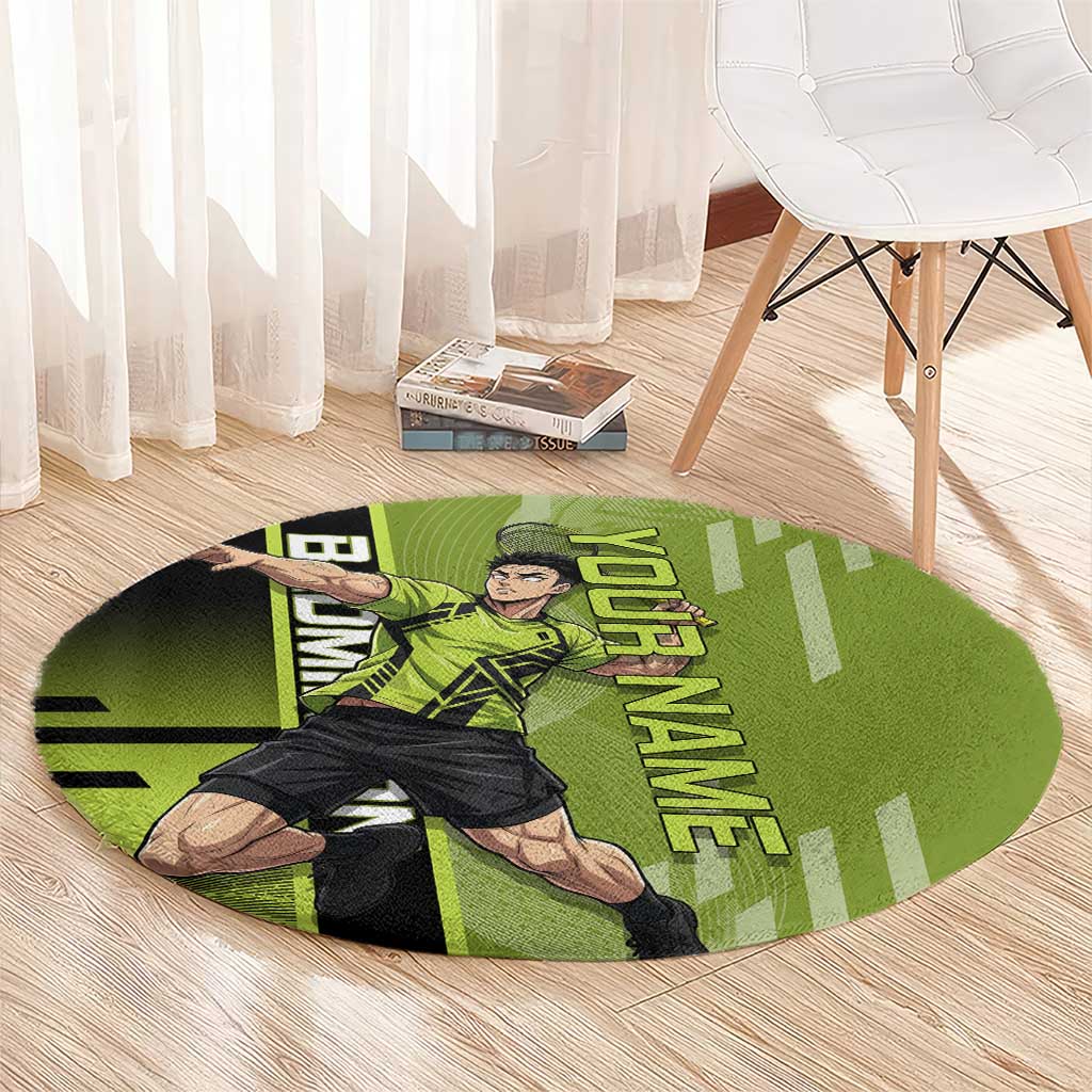 Personalized Gyomei Himejima Demon Slayer Badminton Round Carpet with Racket Action Pose and Green Black Graphic Design - The Mazicc